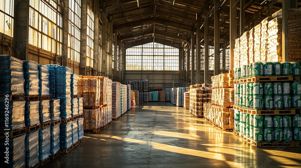 Spacious Warehouse Interior with Stacked Pallets and Natural Light Spacious Warehouse Interior with Stacked Pallets and Natural Light