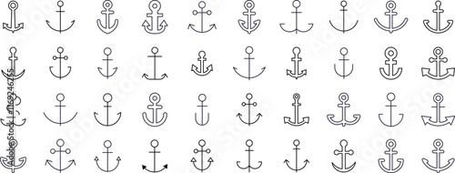 Ship Line Icon Pack. Anchor Outline Signs for Graphic and Web Design, Apps, Adverts, Various Cards