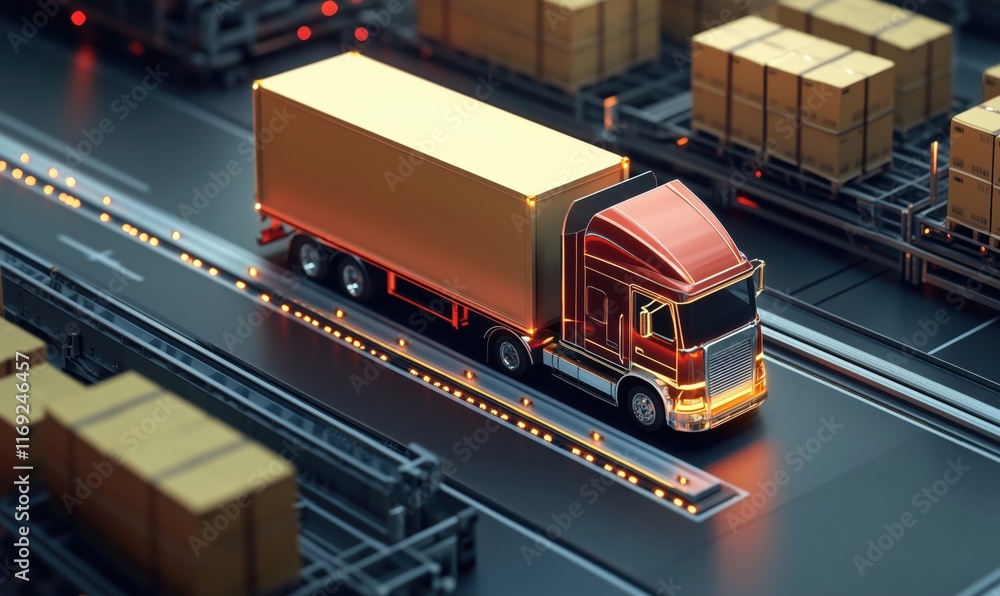 Truck transporting cargo on modern logistics highway with boxes and loading docks Truck transporting cargo on modern logistics highway with boxes and loading docks