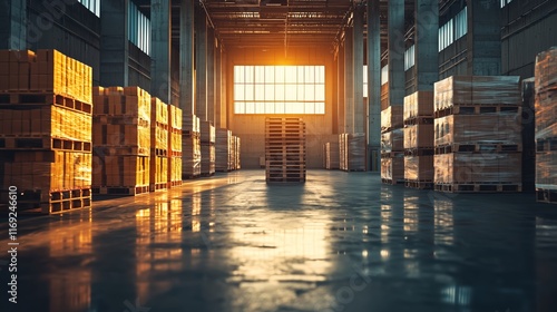 Wallpaper Mural Sunset Lighting in Industrial Warehouse with Stacked Pallets and Space Torontodigital.ca