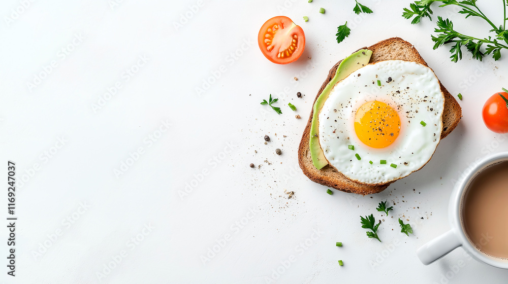 grain toast with creamy avocado, topped with a poached egg with a runny yolk, sprinkled with chives and pepper. grain toast with creamy avocado, topped with a poached egg with a runny yolk, sprinkled with chives and pepper.