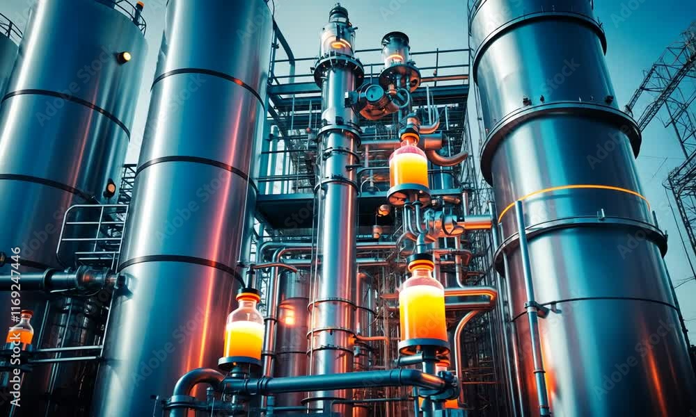 A complex network of industrial pipes and machinery with a futuristic appearance. A complex network of industrial pipes and machinery with a futuristic appearance.