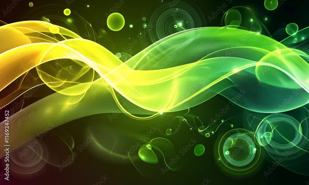 Abstract Green and Yellow Energy Waves with Glowing Particles and Circles Abstract Green and Yellow Energy Waves with Glowing Particles and Circles
