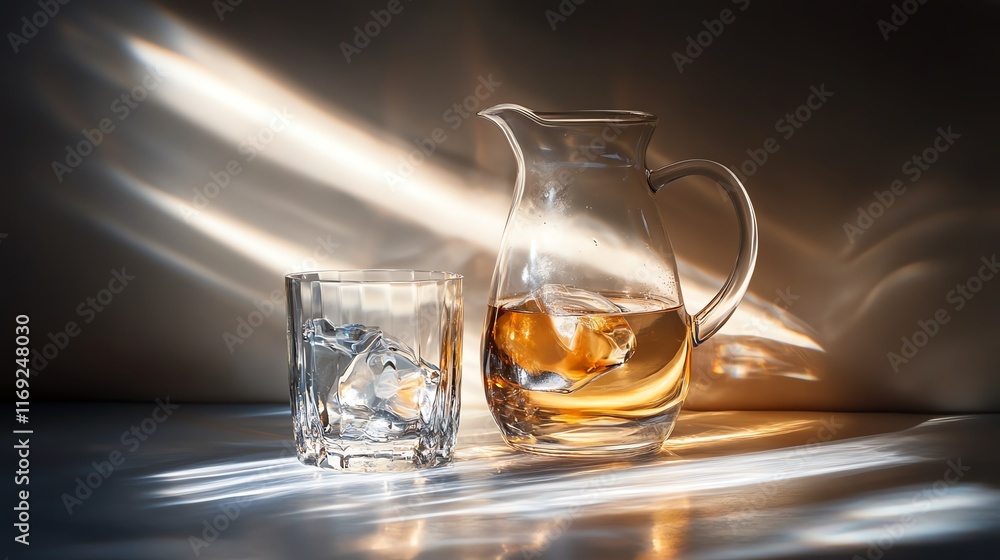A glass of chilled whiskey with ice beside a pitcher, capturing warm sunlight reflections. A glass of chilled whiskey with ice beside a pitcher, capturing warm sunlight reflections.