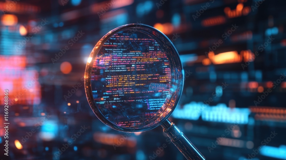 A magnifying glass hovering over lines of text, with digital data and holographic graphics around, symbolizing modern data analysis techniques. A magnifying glass hovering over lines of text, with digital data and holographic graphics around, symbolizing modern data analysis techniques.
