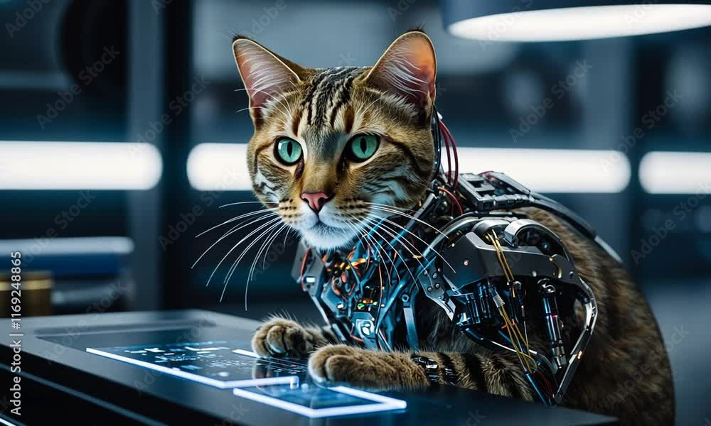 Cybernetic Cat with Glowing Features in a Futuristic Setting Cybernetic Cat with Glowing Features in a Futuristic Setting
