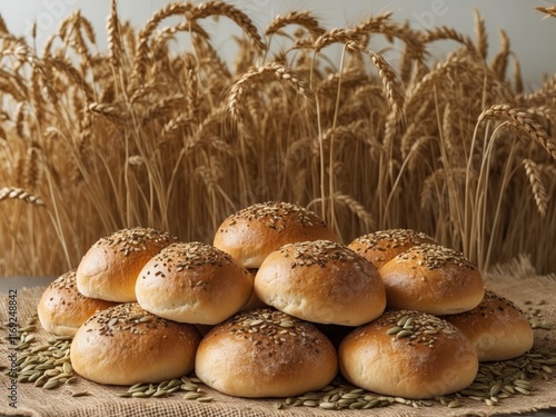 Freshly baked bread rolls with seeds on burlap and wheat background photo