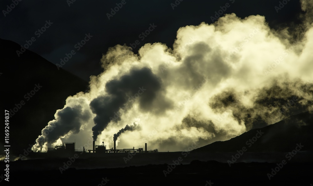 Industrial smokestacks emitting steam and smoke against dark mountainous backdrop, showcasing environmental impact and energy production Industrial smokestacks emitting steam and smoke against dark mountainous backdrop, showcasing environmental impact and energy production