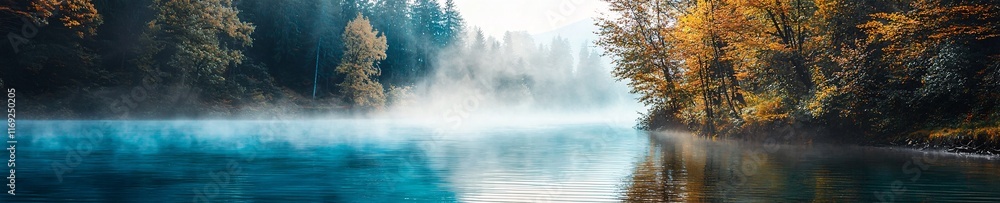 Serene Autumn Lake Mist Foggy Forest Tranquil Nature Scene Serene Autumn Lake Mist Foggy Forest Tranquil Nature Scene