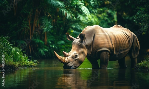 Rhino drinking water in lush green jungle environment, showcasing wildlife conservation and natural habitat photo