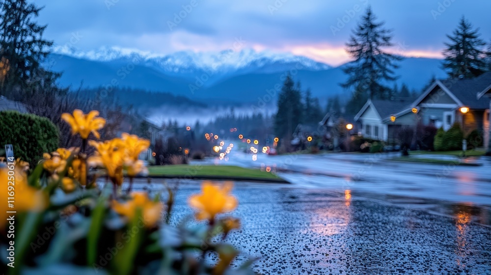 Fototapeta premium Tranquil Rainy Evening with Yellow Flowers and Mountains in Background Under Soft Blue Sky at Dusk