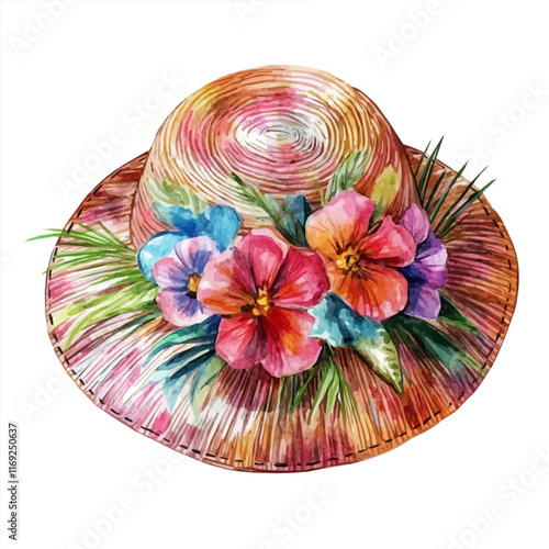 A watercolor vector painting of a summer women’s hat with floral patterns, isolated on a white background. Summer women’s hat vector.

