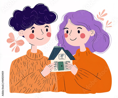 Cartoon couple saving money for house