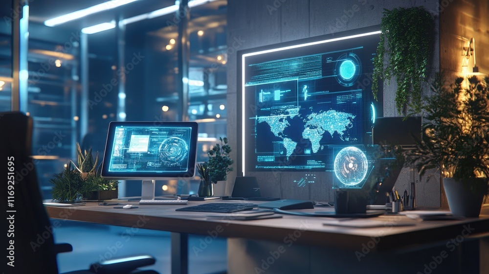 A modern workspace with holographic interfaces, representing the future of hybrid learning environments blending technology and education. A modern workspace with holographic interfaces, representing the future of hybrid learning environments blending technology and education.