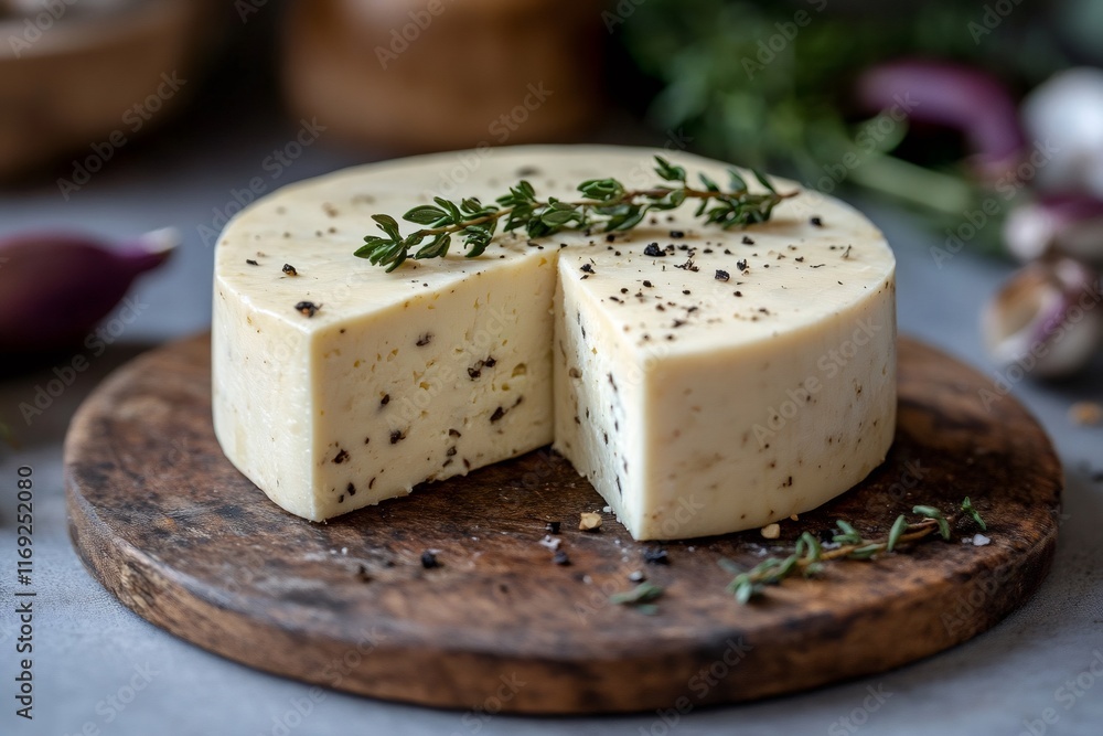 Wheel of homemade cheese with black pepper and thyme resting on wooden board Wheel of homemade cheese with black pepper and thyme resting on wooden board