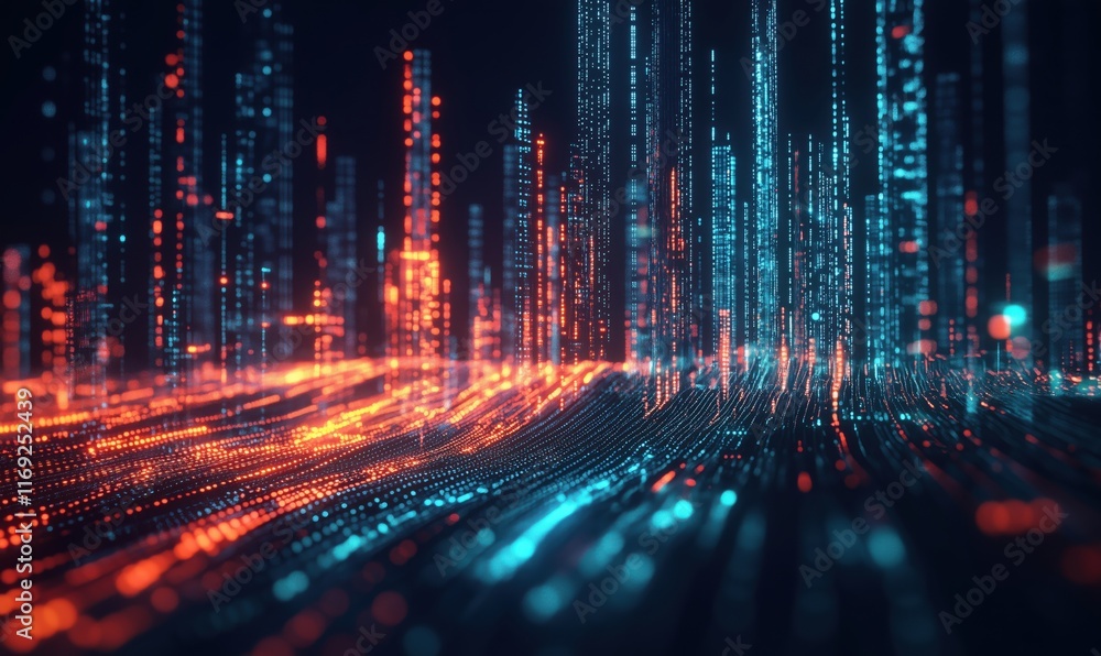 Digital landscape with glowing data streams, vibrant blue and orange lights creating a futuristic cityscape effect Digital landscape with glowing data streams, vibrant blue and orange lights creating a futuristic cityscape effect