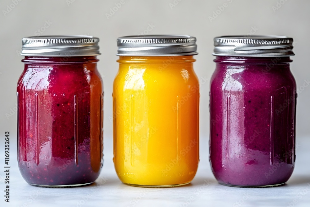 Colorful smoothies filling three glass jars on white table Colorful smoothies filling three glass jars on white table