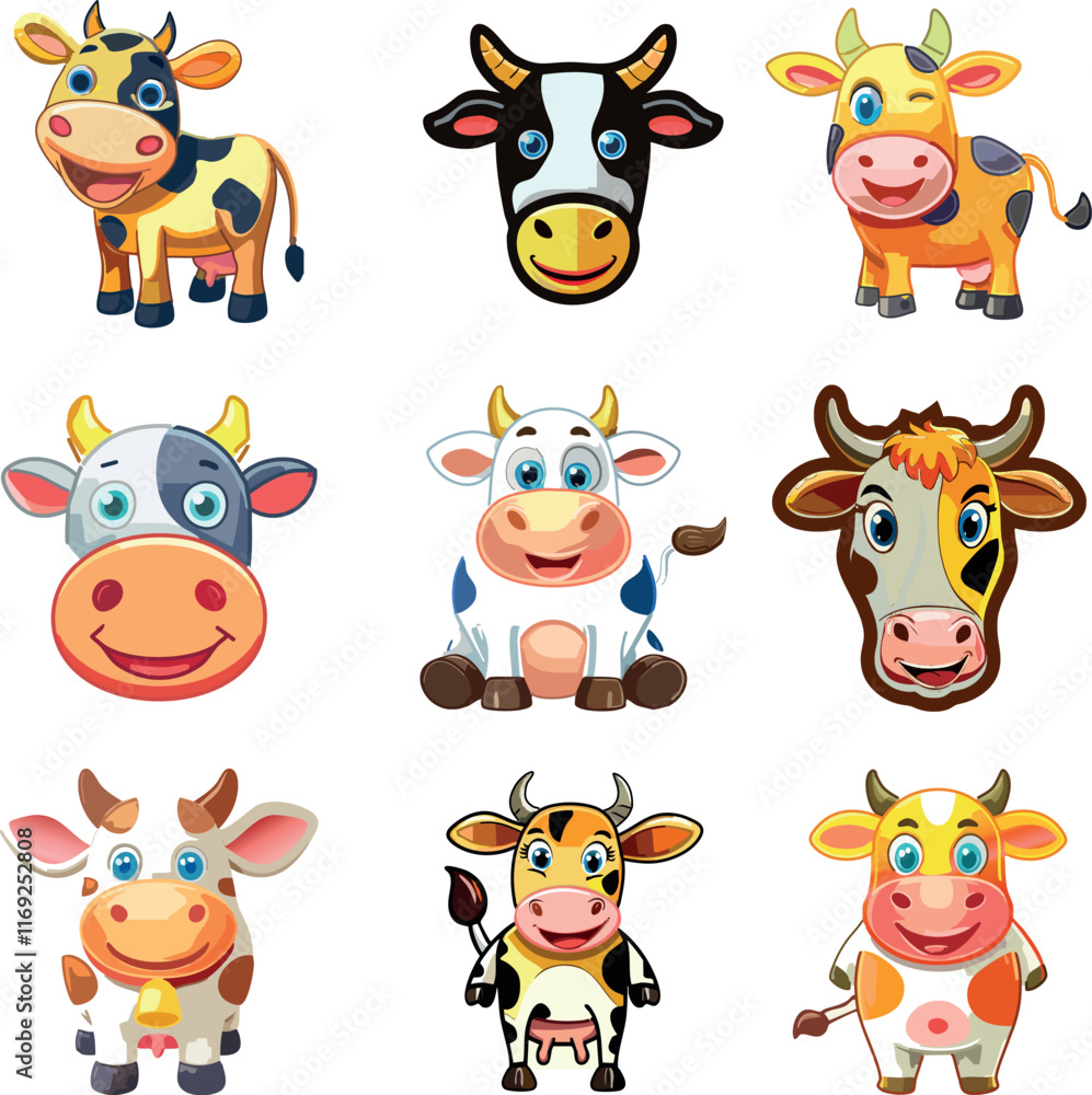 Obraz premium A collection of vibrant, colourful illustrations of farm animals featuring a playful and whimsical style, in a cartoon format, great for stickers