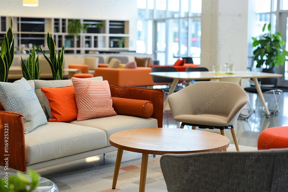 Fototapeta premium Modern office lounge with comfortable seating and natural light.