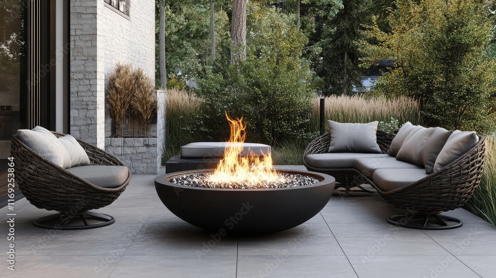 A fire pit at a luxurious outdoor patio with modern furniture around it A fire pit at a luxurious outdoor patio with modern furniture around it