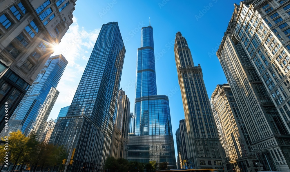 Obraz premium Modern skyscrapers in urban landscape showcasing architectural diversity and innovation, featuring tall glass buildings against clear blue sky