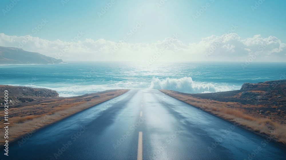 Fototapeta premium Serene Coastal Road with Ocean View Under Bright Blue Sky