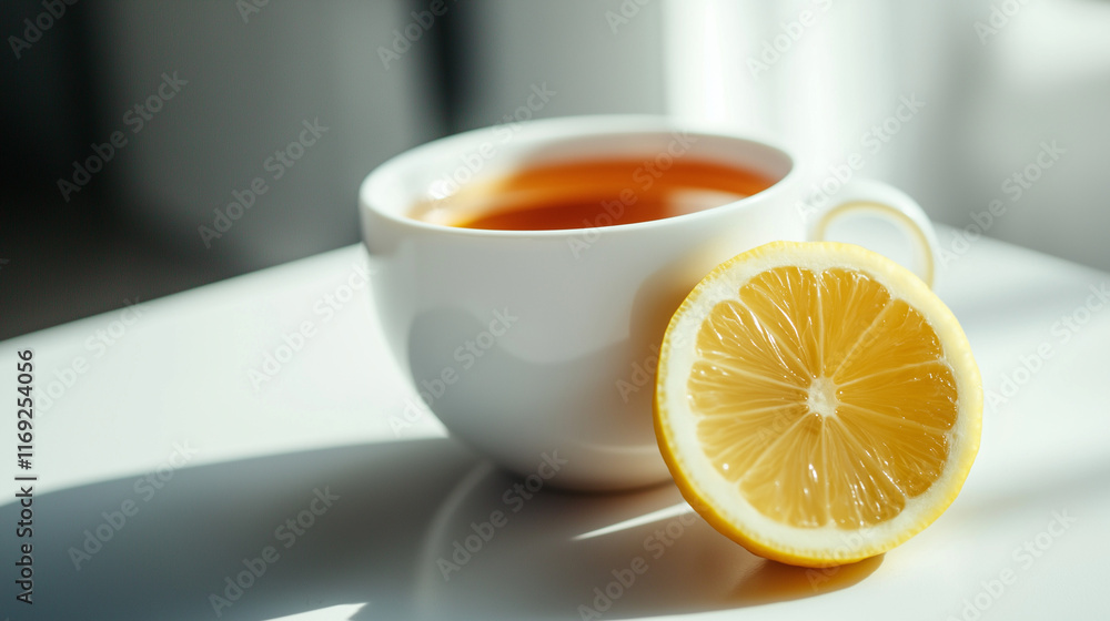 Cup of tea with lemon slice on white table Cup of tea with lemon slice on white table