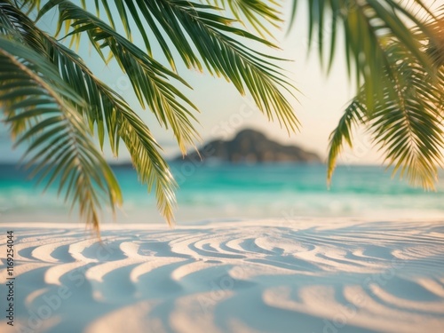 Tropical Beach Framed by Palm Leaves with Island View. photo