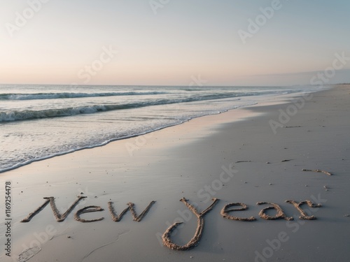 New year written in sand beachfront serenity coastal artwork ocean waves tranquil perspective nature's canvas. photo