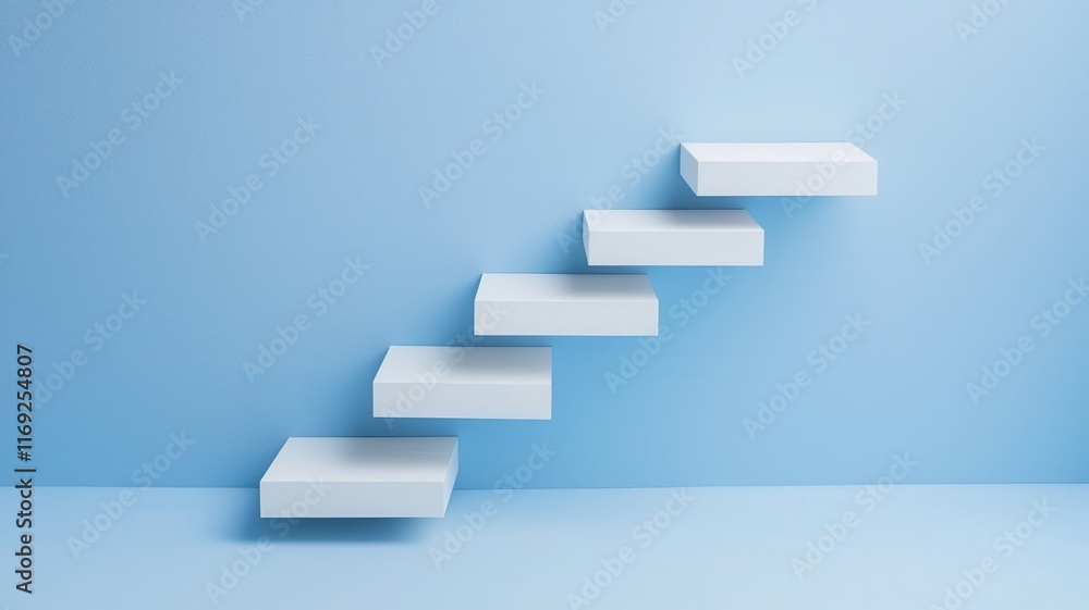 A minimalist image featuring white floating steps against a soft blue background, conveying a sense of elevation and simplicity. A minimalist image featuring white floating steps against a soft blue background, conveying a sense of elevation and simplicity.