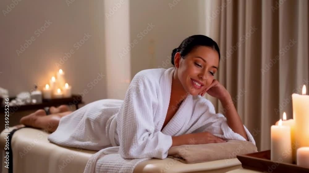 Smiling woman in white robe enjoying peace in quiet spa with candles High quality 4k video Smiling woman in white robe enjoying peace in quiet spa with candles High quality 4k video