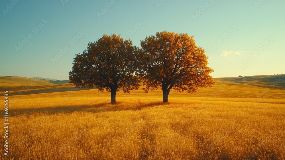 Golden autumn landscape with two trees in open field at sunset Golden autumn landscape with two trees in open field at sunset