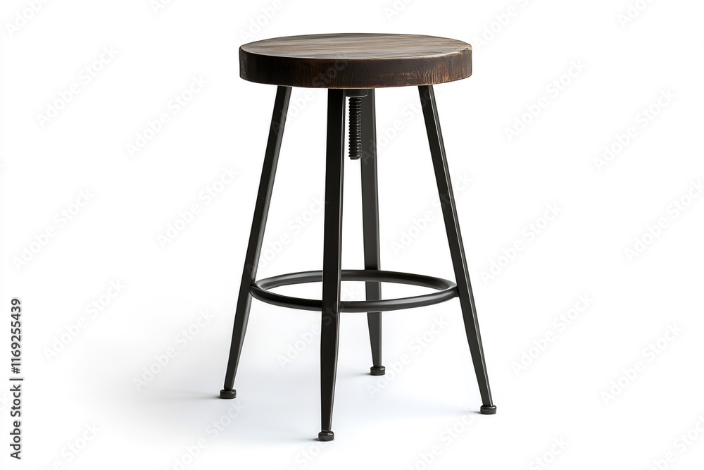 Modern adjustable bar stool with round wooden seat and black metal legs standing on white background Modern adjustable bar stool with round wooden seat and black metal legs standing on white background