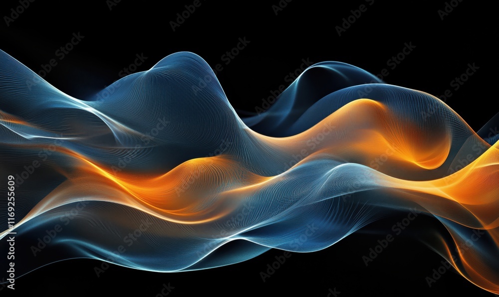 Fototapeta premium Abstract flowing waves in blue and orange hues, showcasing dynamic movement and energy against a black background