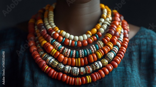 Set of 'Nigerian' coral bead necklaces featuring traditional designs motifs worn by women in Nigeria representing their connection to the land and cultural heritage photo