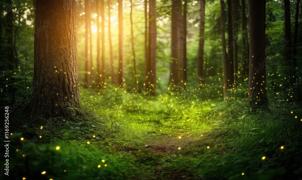 Fototapeta premium Enchanting forest scene illuminated by fireflies, sunlight filtering through trees, lush greenery, serene pathway, magical atmosphere