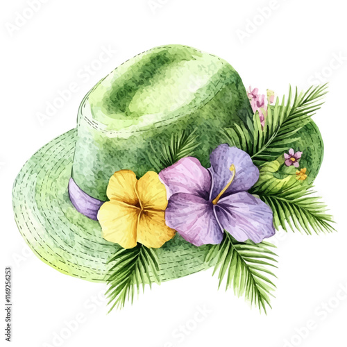 A watercolor vector painting of a summer women’s hat with floral patterns, isolated on a white background. Summer women’s hat vector.

