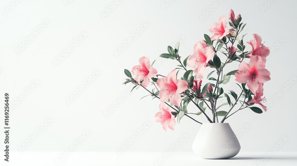 Fototapeta premium Beautiful pink flowers in a minimalist vase against a soft white background.