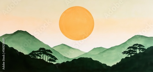 山々に沈む大きな太陽の美しい風景を描いた作品