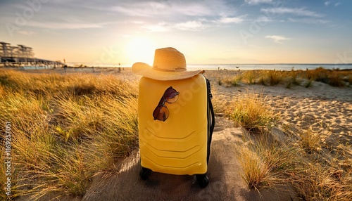 Bright yellow color of the suitcase, sunset lighting, and the relaxing mood evoked by the accessories.