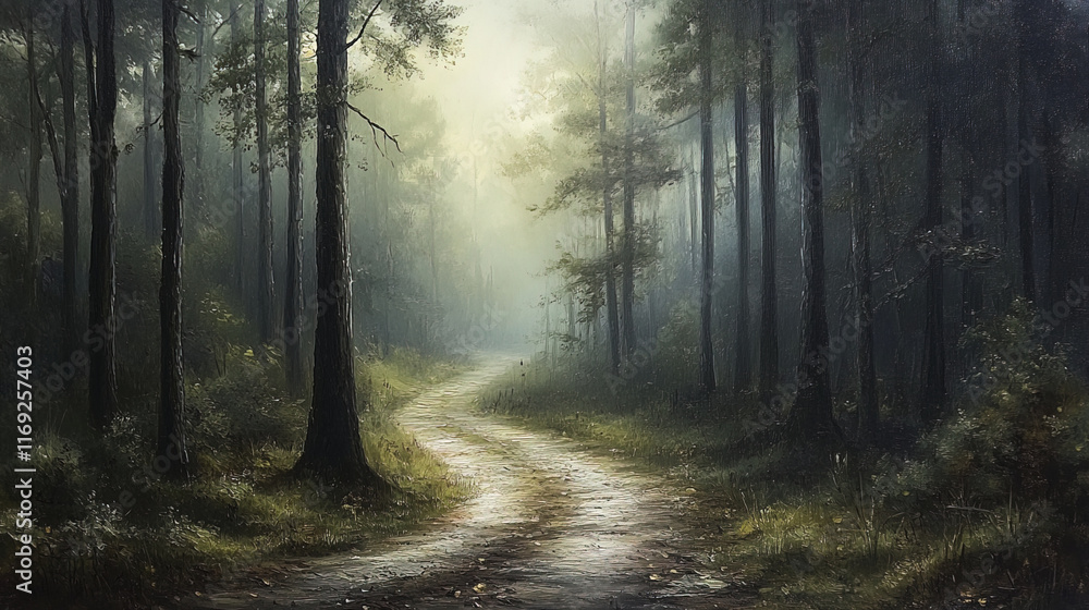 Fototapeta premium serene misty forest path winding through tall trees creates tranquil atmosphere