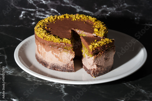 Photos Sliced chocolate Dubai cheesecake with pistachio paste and kataifi dough filling covered in chocolate ganache on white plate