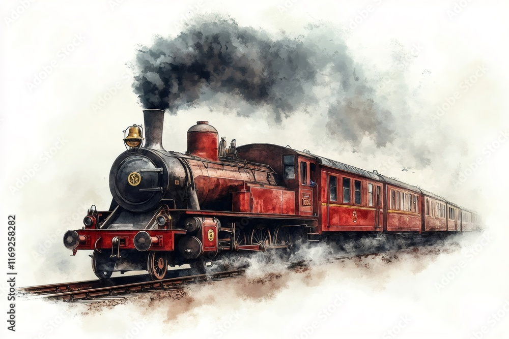 Fototapeta premium Red steam train moving on railway while emitting smoke