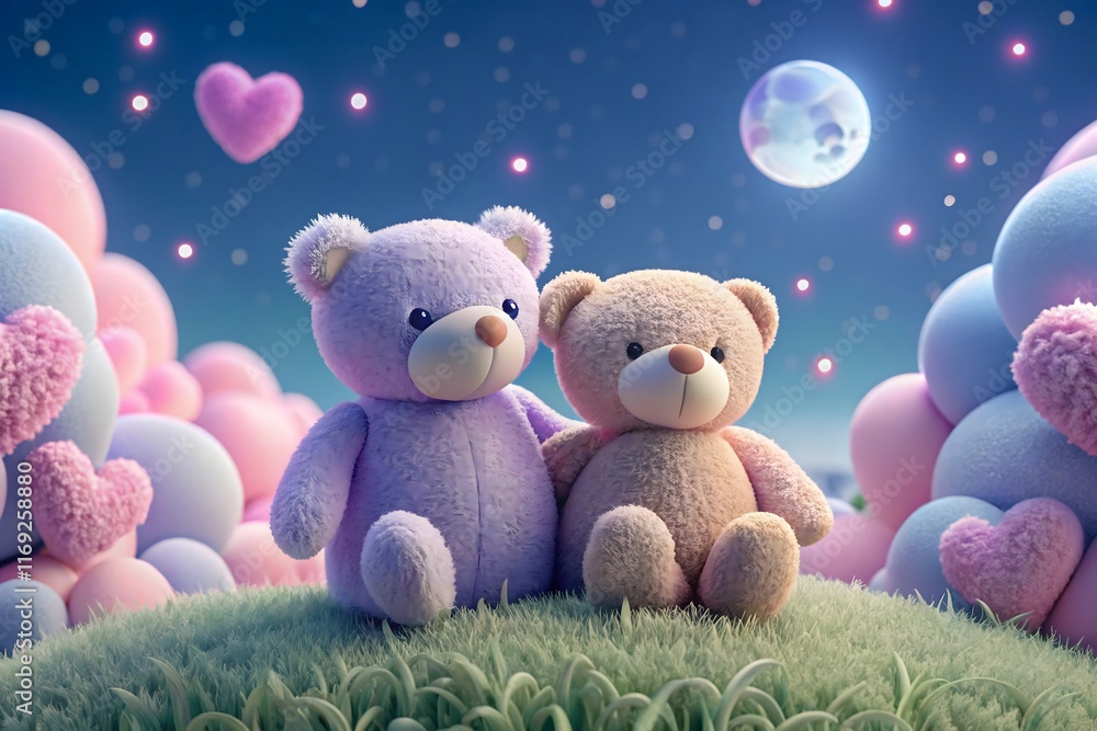 Teddy bears in love under a heart-shaped moon Teddy bears in love under a heart-shaped moon