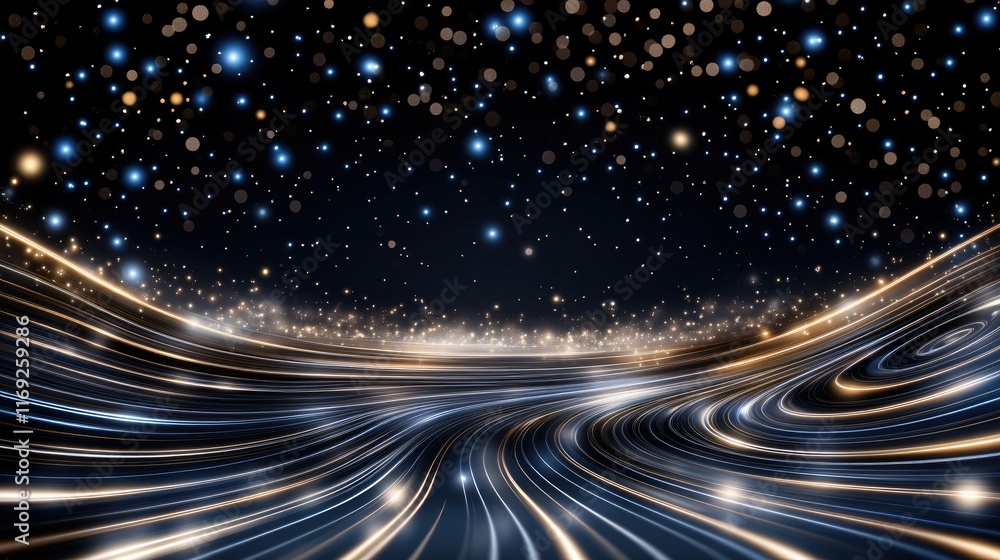 Obraz premium Glowing blue lines and numbers stretch across a dark background, creating an immersive digital technology atmosphere