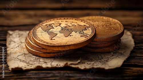 Gold coins with world map on old paper