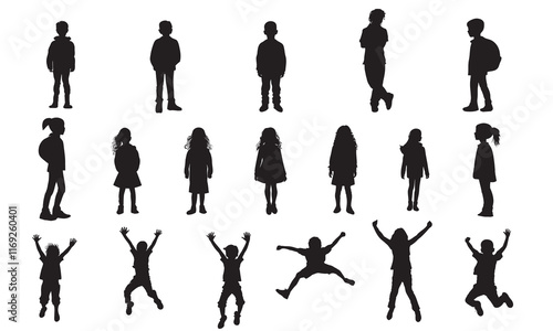 Set of kids boy and girl silhouette isolated on white background. Vector illustration