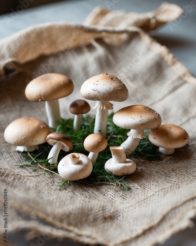 Freshly Harvested Mushrooms on Burlap Sack photo