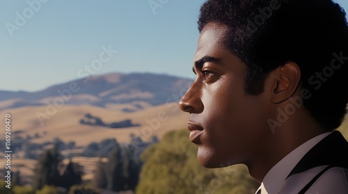 A film still of 1980s silicon valley companies. close up of a biracial man staring at companies and Hills are seen in the distant background photo