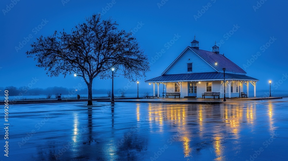 Serene Blue Twilight at Historic Pavilion with Reflections on Wet Pavement and Isolated Tree Serene Blue Twilight at Historic Pavilion with Reflections on Wet Pavement and Isolated Tree